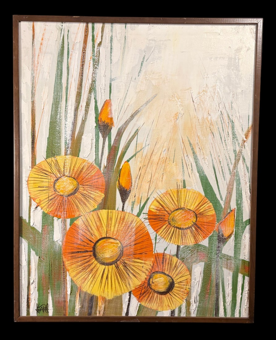 Floral Painting: Large original textured floral painting depicting stylized flowers and reeds in warm orange and yellow tones. 32"x40"