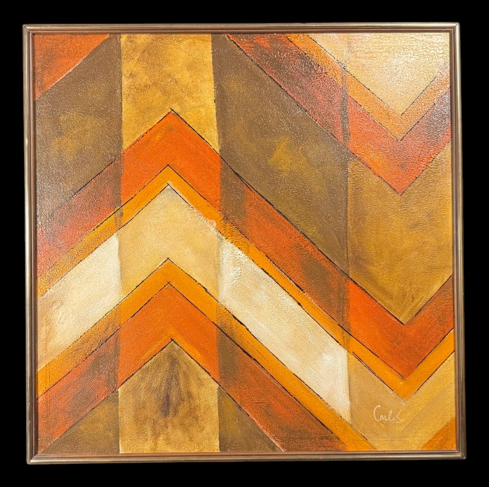 Geometric Abstract Painting: Original geometric abstract painting featuring layered chevron forms in bronze, gold, cream, and orange. 41"x41"
