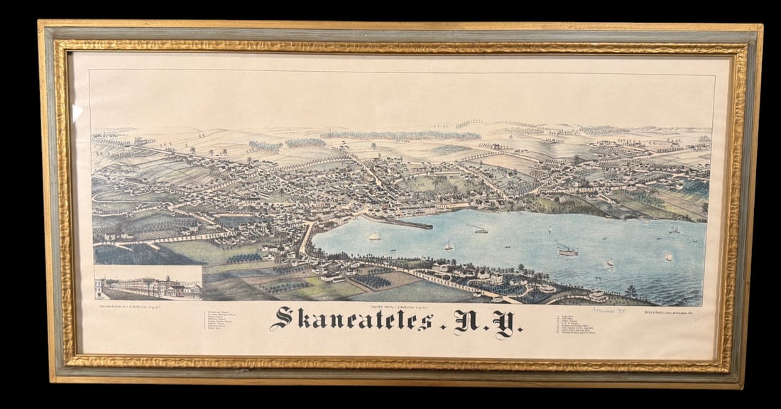 Skaneateles, New York Bird's-Eye View Print: Framed panoramic bird's-eye view print of Skaneateles, New York, originally published in 1889 by L.R. Burleigh. 34"x18"