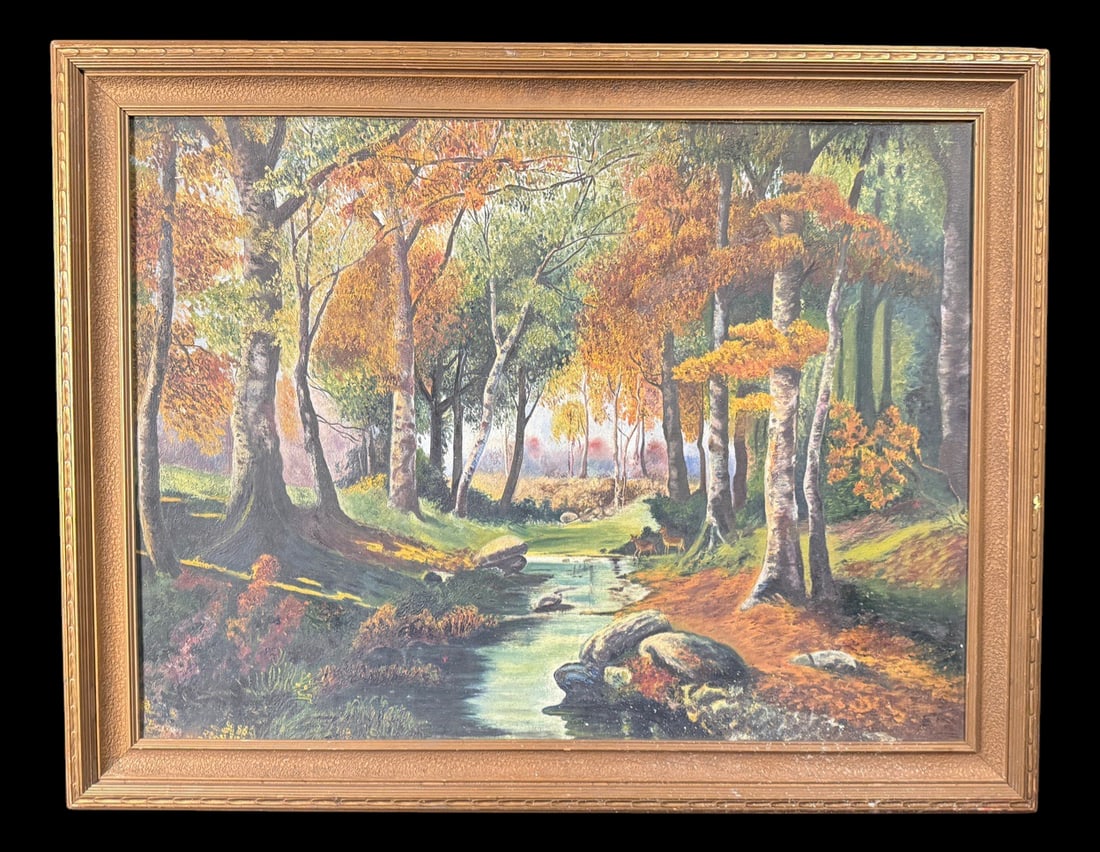 Autumn Woodland Landscape Painting: Original landscape painting depicting a tranquil woodland stream with autumn foliage. 37"x29"