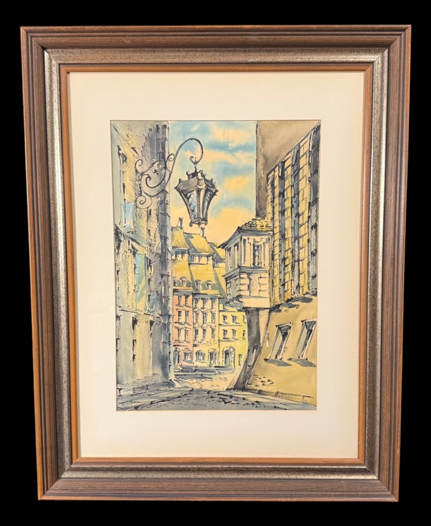 Old Town Street Polish Watercolor Painting: Original framed watercolor titled 'Old Town Street,' identified on the reverse as the work of a Polish artist. Measures 22 x 28 inches.