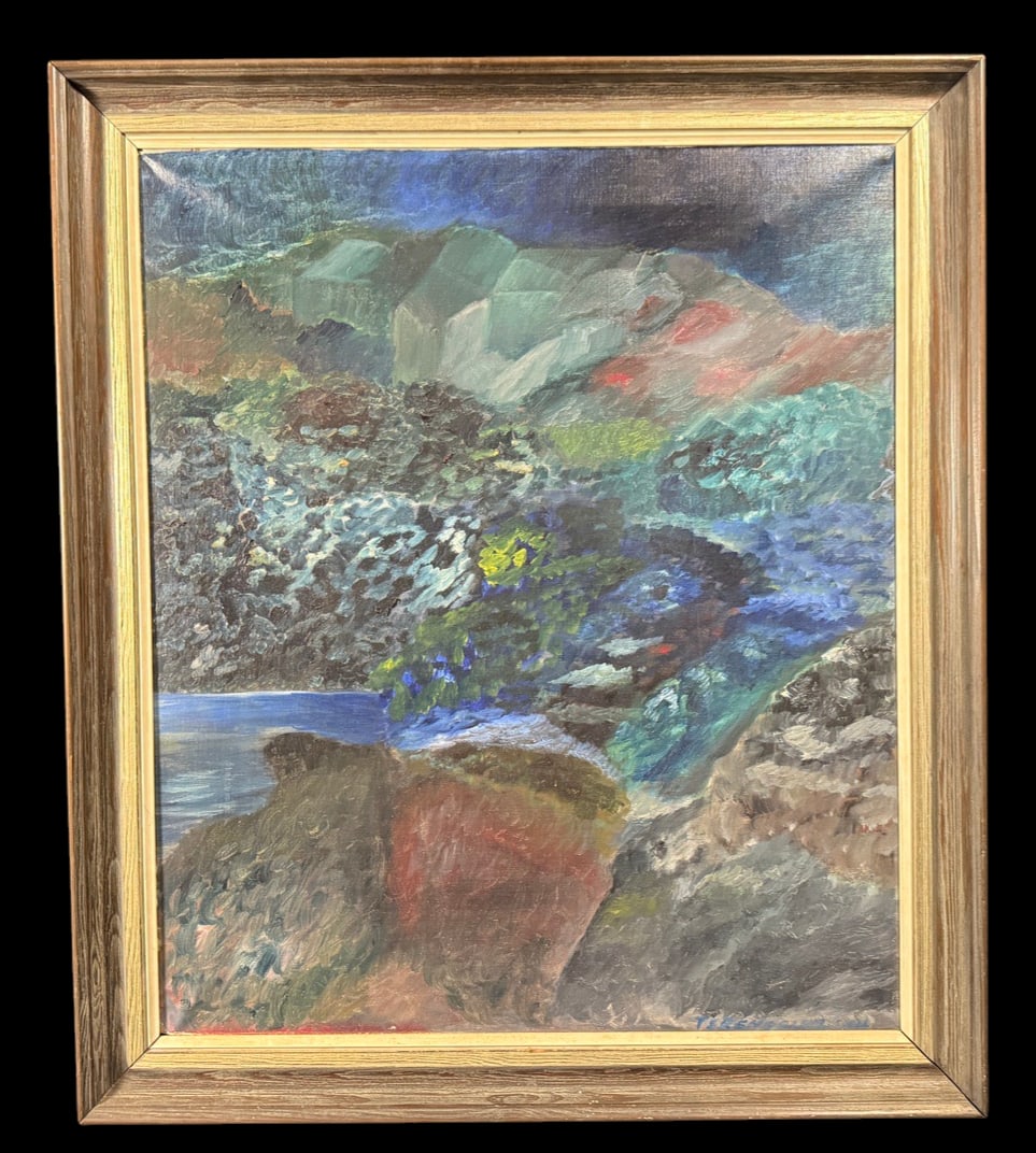 Abstract Landscape Painting: Original framed abstract landscape painting featuring blue, green, and gray tones with mountainous forms and expressive brushwork. 26"x30"