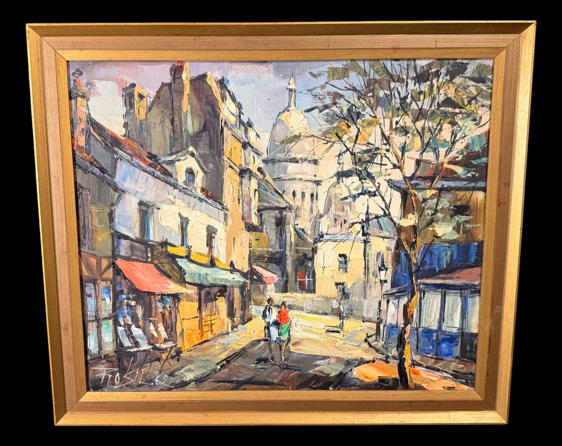 Signed European Street Scene Oil Painting (1962): Original signed oil painting depicting a lively European street scene with cafés and a domed cathedral in the background. 25"x21"