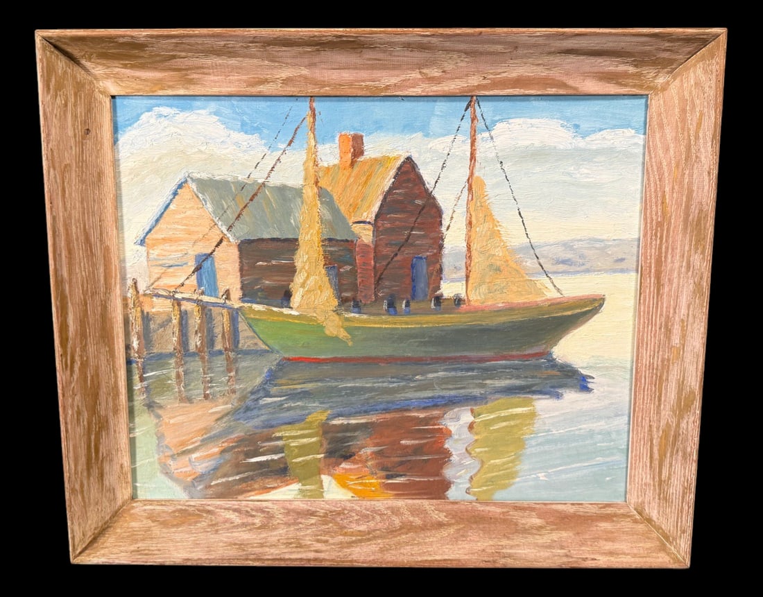 Harbor Boat Oil Painting: Original framed oil painting depicting a sailboat moored beside a rustic waterfront boathouse. 24"x20"