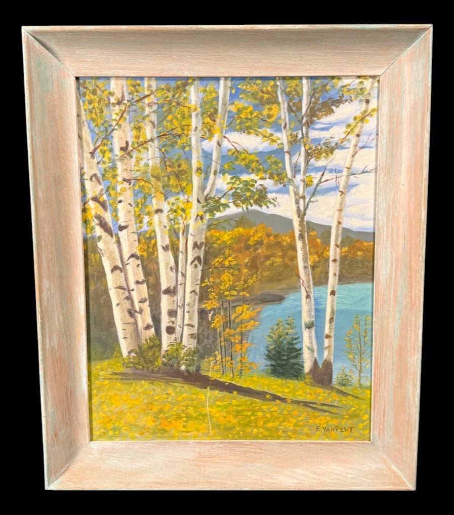 Signed E. Van Pelt Autumn Birch Landscape: Original signed landscape painting by E. Van Pelt, featuring white birch trees overlooking a lake with vibrant autumn foliage. 20"x24"