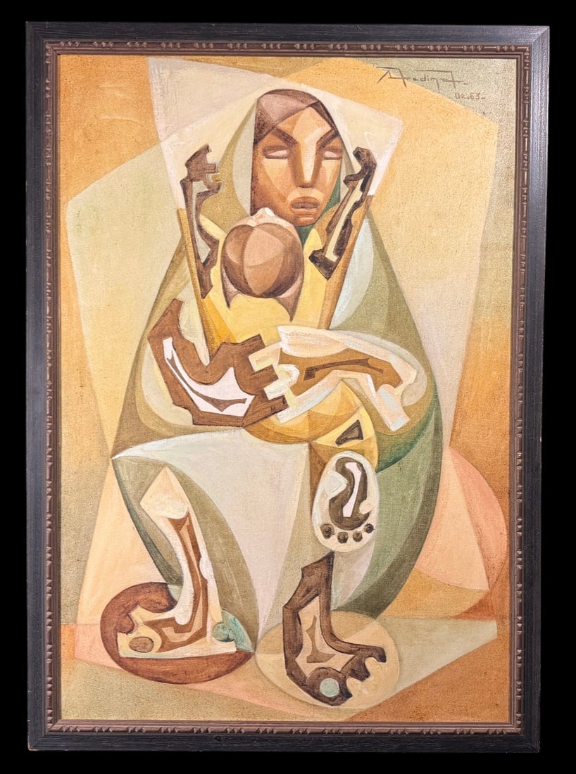 Signed Cubist Mother & Child Painting ('El (1 of 4)
