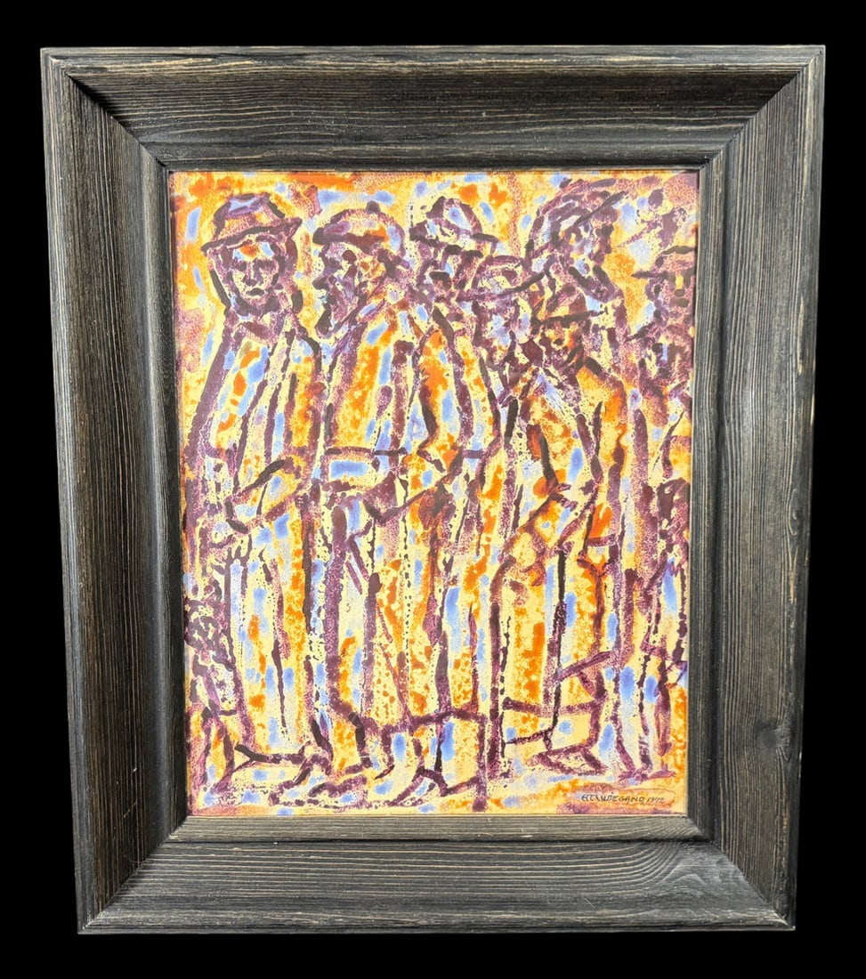 Signed 'McWiegand' Abstract Figurative Painting: Full title: Signed 'McWiegand' Abstract Figurative Painting (1972) Original signed abstract figurative painting dated 1972, depicting a group of standing figures rendered in expressive purple,