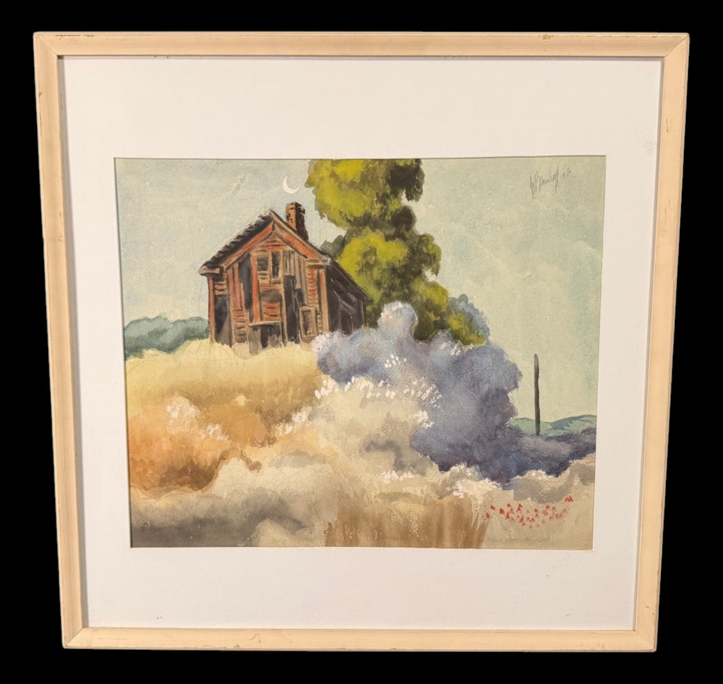 Signed Watercolor of Rural Farmhouse (1978): Original signed watercolor depicting a weathered farmhouse surrounded by trees and wildflowers beneath a crescent moon. 23"x23"