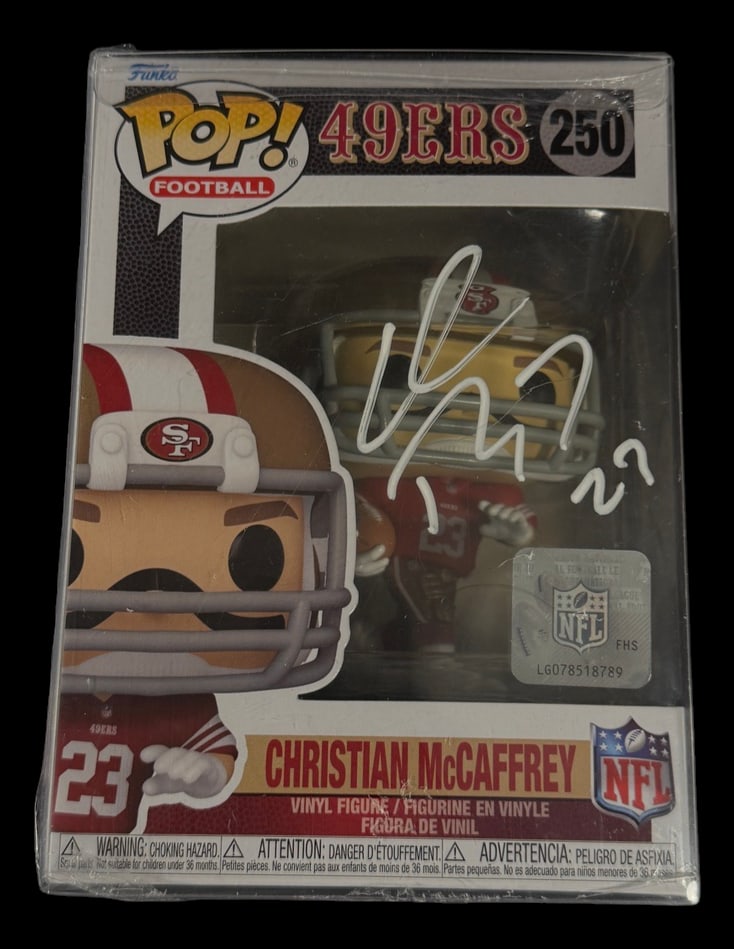 Christian McCaffrey Signed Funko Pop: Christian McCaffrey San Francisco 49ers signed Funko Pop Football #250 with COA