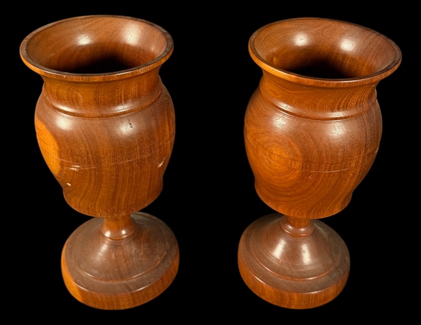 Pair of Turned Hardwood Goblets: Matching pair of hand-turned hardwood goblets with a rich natural grain and smooth satin finish.