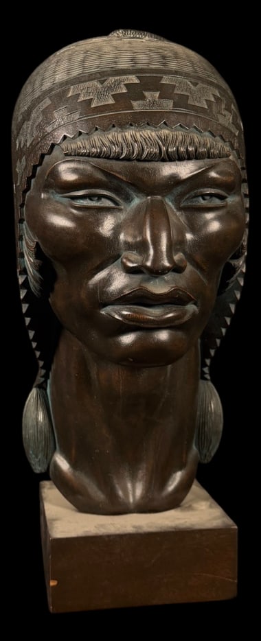 M. Saravia Z. Bolivian, Carved Hardwood Bust: Full title: M. Saravia Z. Bolivian, Carved Hardwood Bust Indigenous Andean Inca Man, Signed, La Paz, circa 1960s 1970s Hand carved from dense dark hardwood, this impressive bust depicts an Indigenous