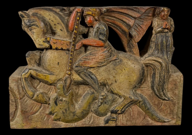 Antique Carved Saint George & the Dragon Panel: Hand-carved and painted wooden relief depicting Saint George on horseback slaying the dragon, with a standing figure in the background.