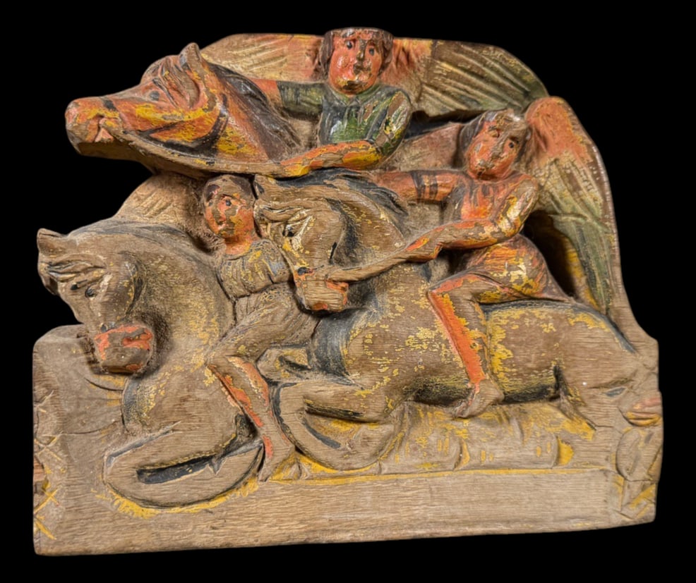 Antique Carved Angelic Horsemen Relief: Hand-carved and painted wooden relief featuring mounted horsemen accompanied by winged angels.