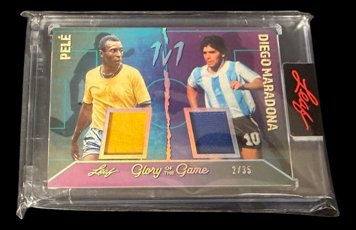2026 Leaf Glory of the Game Pelé / Diego Maradona: Full title: 2026 Leaf Glory of the Game Pelé / Diego Maradona Dual Game-Used Memrobelia Card #2/35 Limited edition Leaf Glory of the Game soccer card featuring matched worn patches for Pelé and Mara