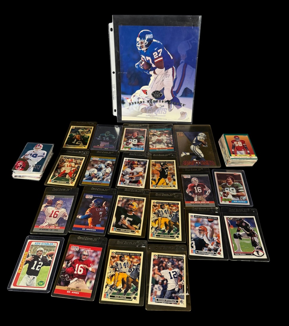 Vintage NFL Football Trading Card Lot: Assorted vintage NFL football trading cards featuring players from multiple teams and sets, along with oversized 1997 Leaf football promotional display card featuring New York Giants running back