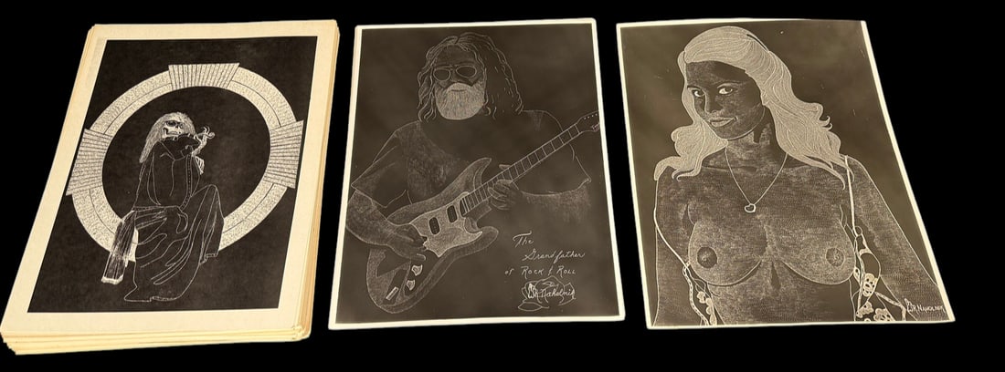 Large Lot of 50+ W. R. Naholnik Black & White Art: Full title: Large Lot of 50+ W. R. Naholnik Black & White Art Prints - Reaper & Rock Music Designs Large collection of approximately 50+ black-and-white illustrated prints by W. R. Naholnik around 30