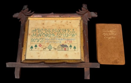 Antique Framed Needlework Sampler & Longfellow