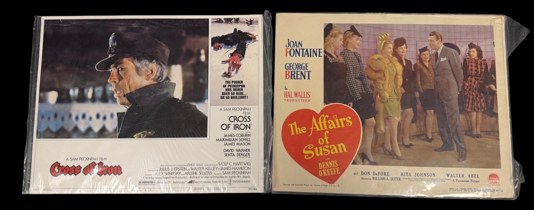 Cross of Iron & The Affairs of Susan Vintage: Full title: Cross of Iron & The Affairs of Susan Vintage Lobby Cards Pair of vintage movie lobby cards comprising Sam Peckinpah's WWII film Cross of Iron (1977) and The Affairs of Susan (1945).