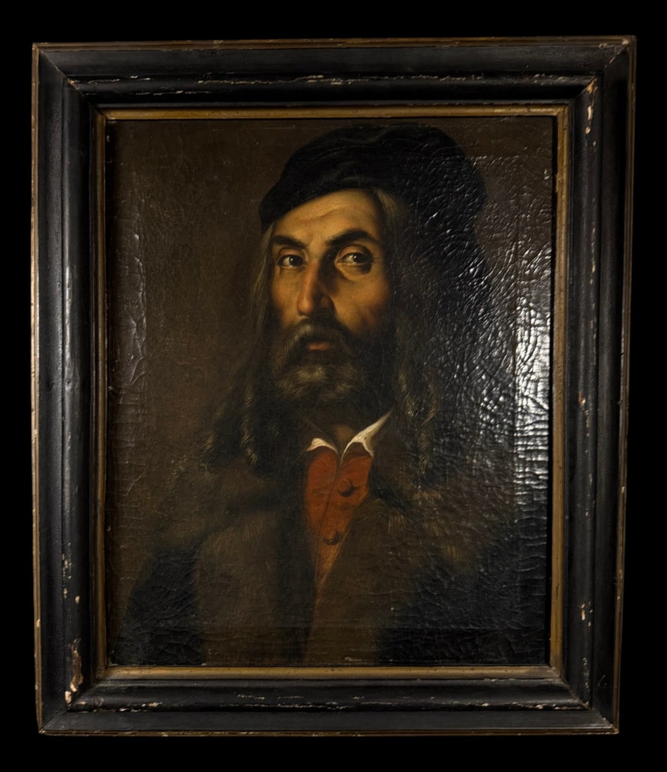 Framed Portrait Oil Painting: Framed portrait oil painting depicting a bearded gentleman in period attire, housed in a vintage wood frame. 23" x 27"