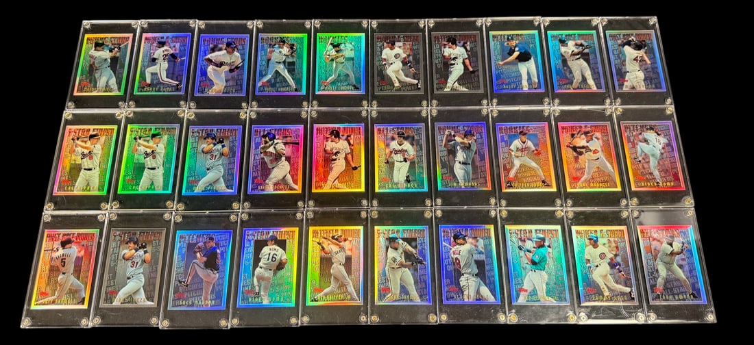 1998 Topps Mystery Finest Baseball Card Lot: Collection of 30 Topps Mystery Finest refractor baseball cards displayed in screw-down holders, featuring stars and notable players from the late 1990s.