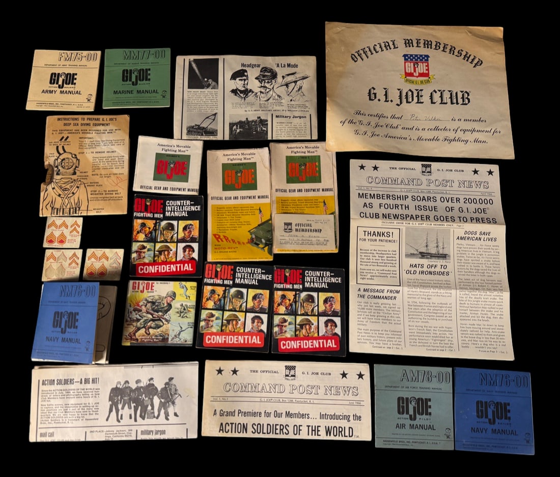 Vintage G.I. Joe Manuals & Instruction Booklets: Collection of original vintage G.I. Joe military manuals and equipment booklets including Army, Marine, Navy, Air, Counter Intelligence, Official Gear & Equipment Manuals, decals, membership
