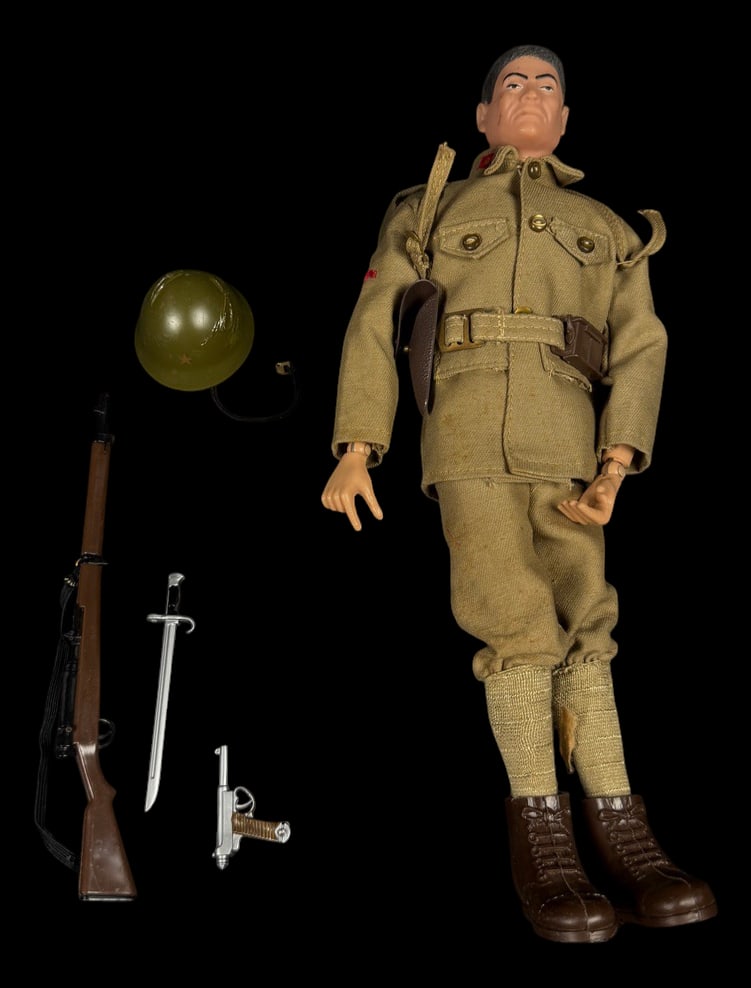 Vintage 1964 G.I. Joe Japanese Soldier Figure: 1964 Hasbro G.I. Joe Japanese soldier figure wearing tan uniform with helmet, rifle, pistol, knife, and backpack.