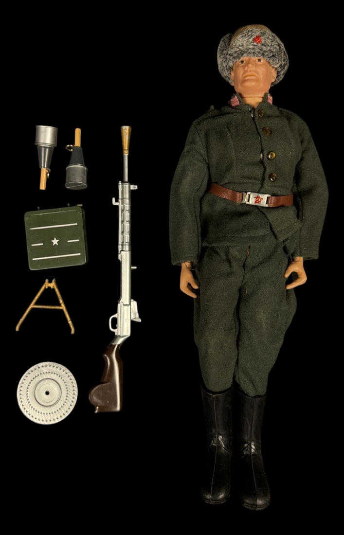 Vintage 1964 G.I. Joe Russian Soldier with Winter: Full title: Vintage 1964 G.I. Joe Russian Soldier with Winter Hat 1964 G.I. Joe Russian/Soviet soldier figure with fur winter cap, machine gun, drum magazine, ammunition can, and accessories.