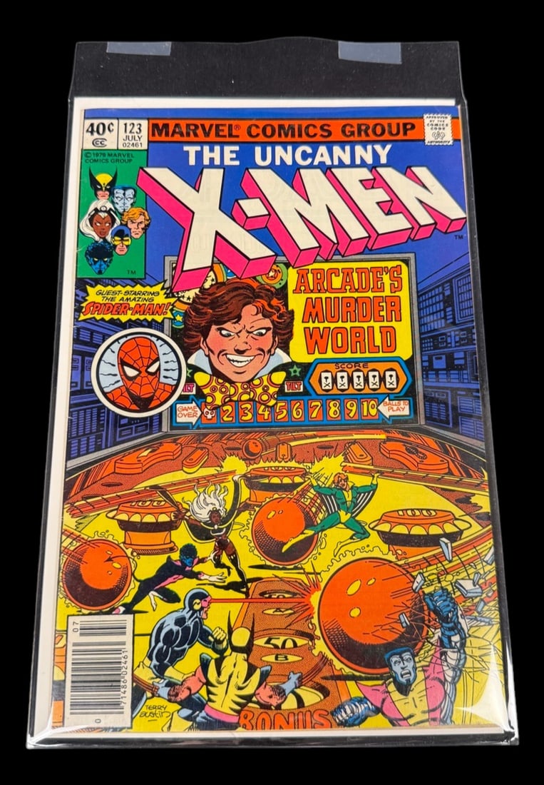 The Uncanny X-Men #123 - Arcade's Murderworld: Full title: The Uncanny X-Men #123 - Arcade's Murderworld, Spider-Man Appearance, 1979 Marvel "The Uncanny X-Men" #123 from July, 1979 featuring the Arcade/Murderworld storyline and Spider-Man guest