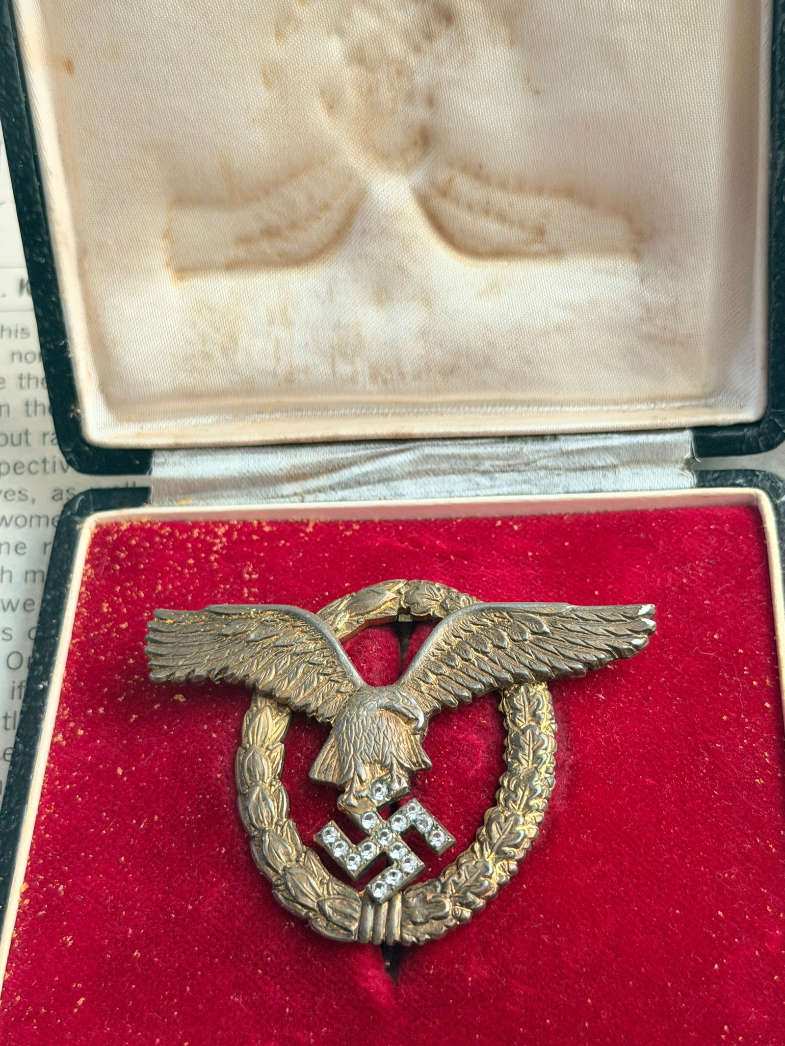 WWII German Luftwaffe Pilots Badge with Diamonds: Full title: WWII German Luftwaffe Pilots Badge with Diamonds with Papers Unusual piece with documents from the manufacturer. Does not conform to known examples, but is highly detailed and has actual