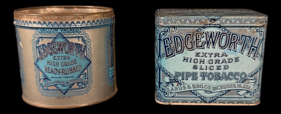 Edgeworth Tobacco Tins: Pair of vintage Edgeworth pipe tobacco tins including Ready-Rubbed and Sliced varieties with attractive blue lithographed graphics.