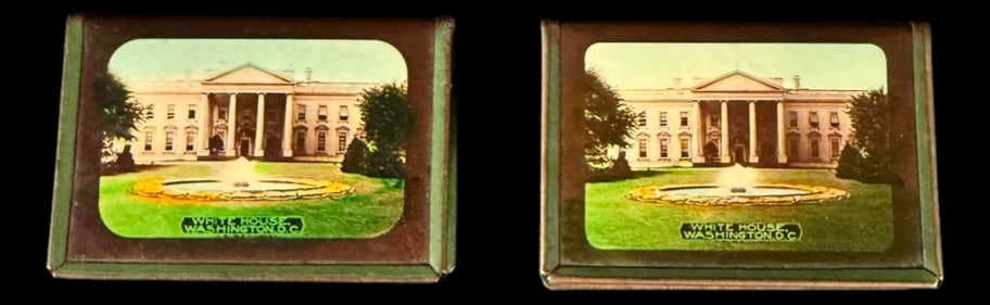 White House Washington D.C. Souvenir Match Safes: Pair of vintage White House, Washington D.C. souvenir match safes featuring color images of the White House.