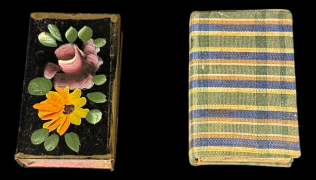 Two Decorative Match Safes: Pair of vintage match safes including one hand-painted floral example and one fabric-covered plaid example.
