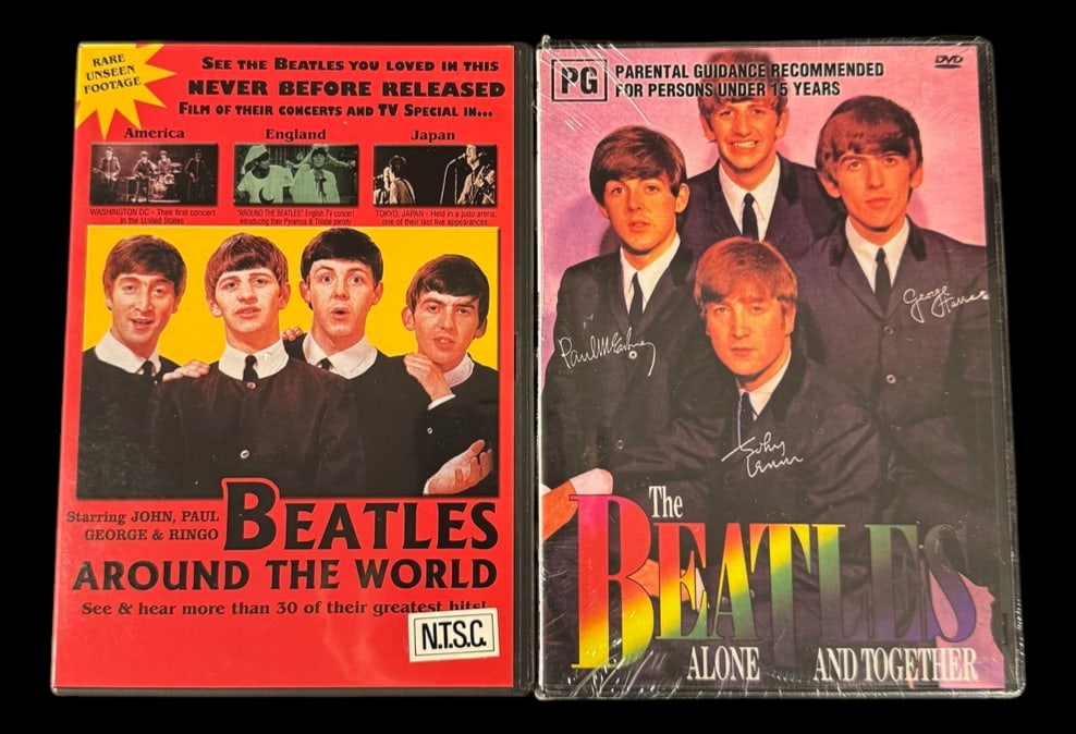 Beatles Documentary DVD Pair: Collection of two Beatles documentary DVDs featuring concert footage, television appearances, interviews, and retrospective material.