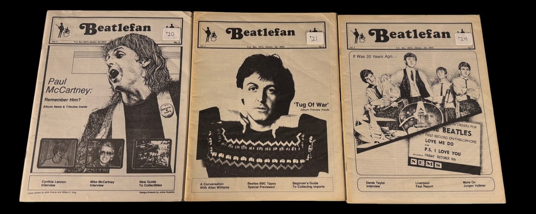 Beatlefan Magazine Lot (3 Issues): Three early Beatlefan magazines featuring Paul McCartney, Tug of War, Beatles collecting, interviews, and historical articles.