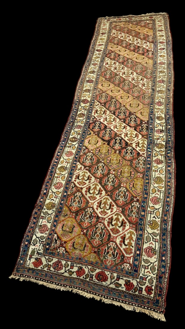 Vintage Oriental Eastern Style Carpet: Yellow Brown and Red eastern-style wool carpet 3'3 x 11'7