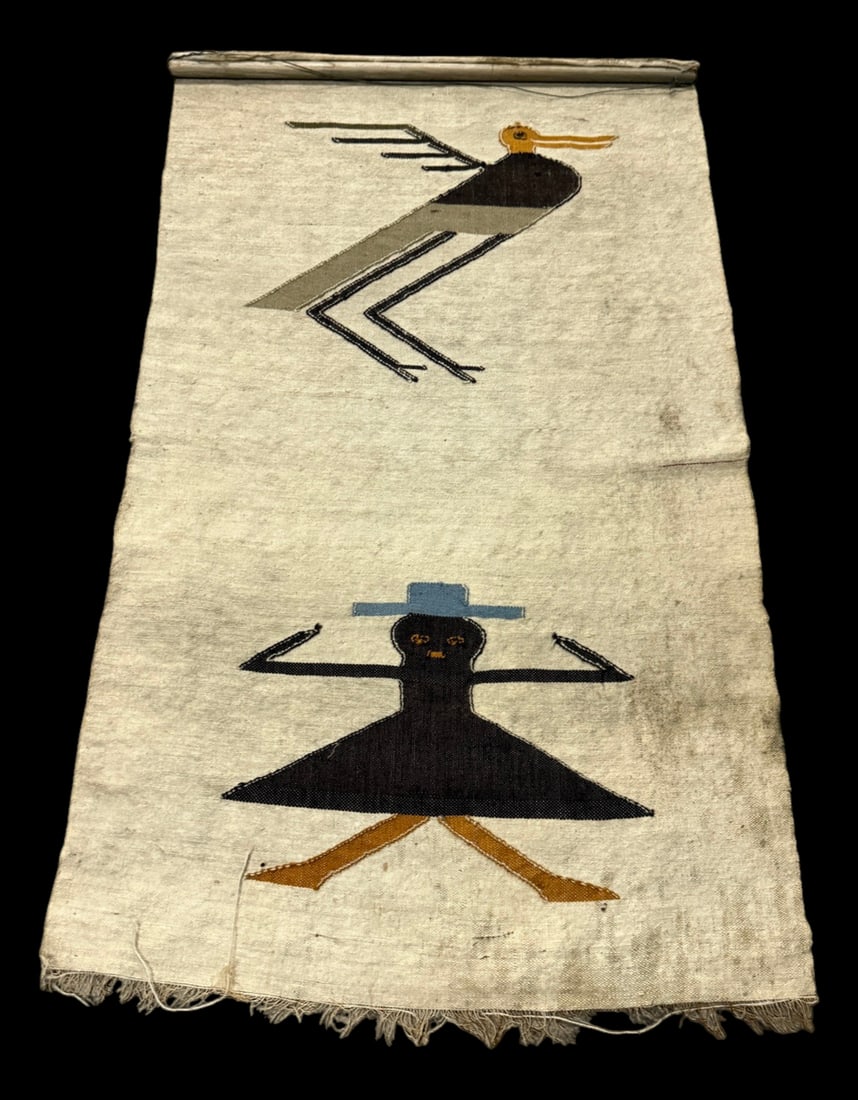 Vintage Southwestern Wall Hanging: Vintage woven wall hanging featuring large stylized bird and human figures in a minimalist Southwestern or Native American-inspired design. 2'8x4'4