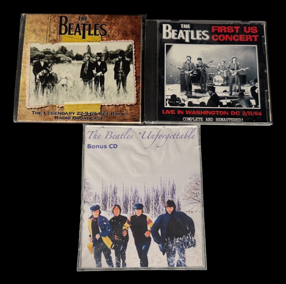 Beatles Collectible CD Lot (3): Three Beatles collectible CDs featuring historic broadcasts, live performances, and bonus recordings.