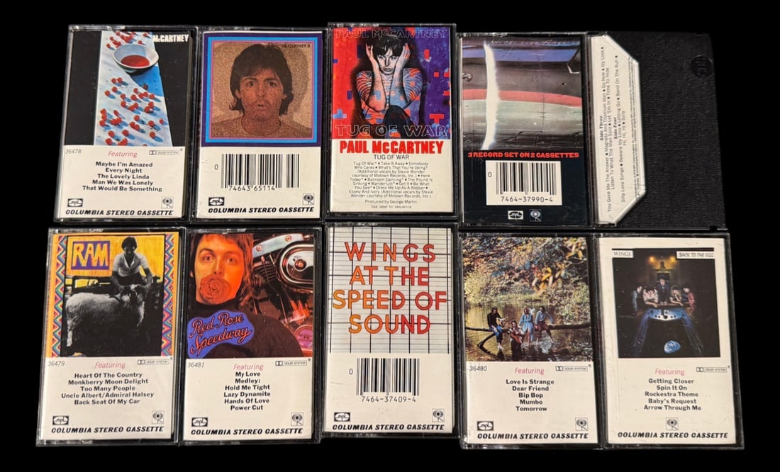 Paul McCartney & Wings Cassette Collection (10): Large collection of original Paul McCartney and Wings cassette albums spanning the 1970s and 1980s.