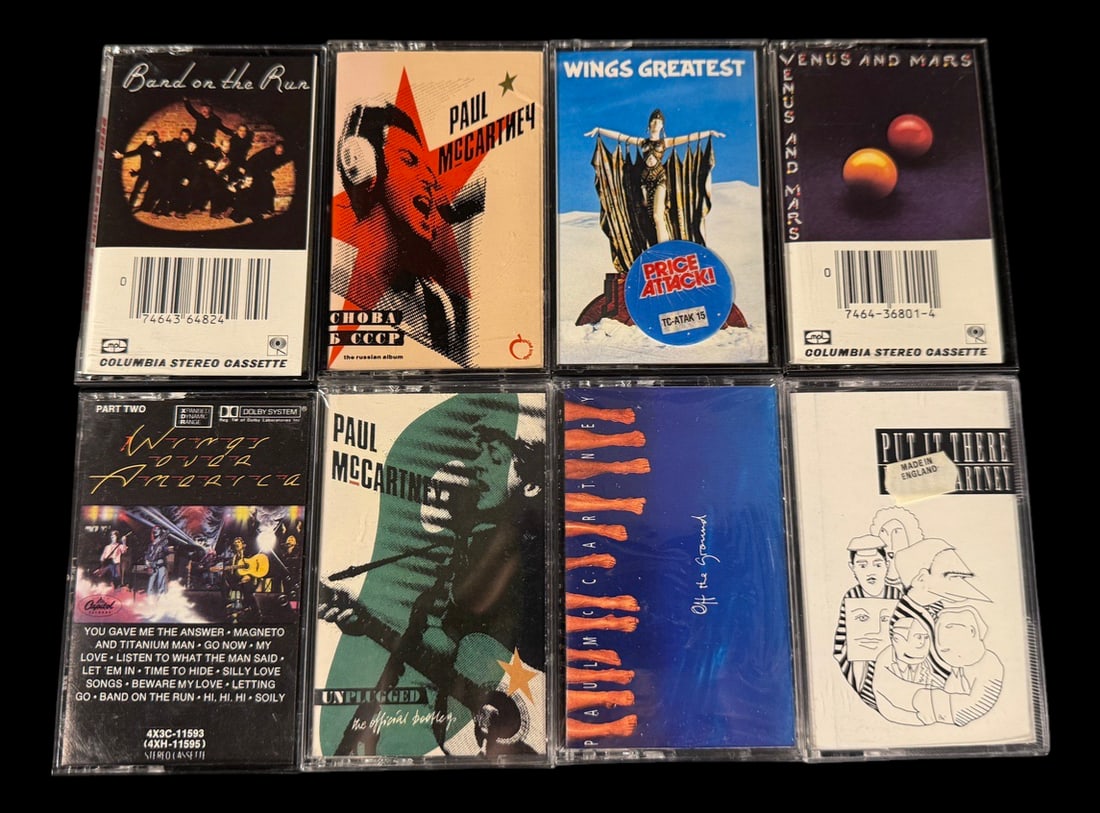 Paul McCartney & Wings Cassette Collection (8): Eight Paul McCartney and Wings cassette releases featuring studio albums, live recordings, and special releases.