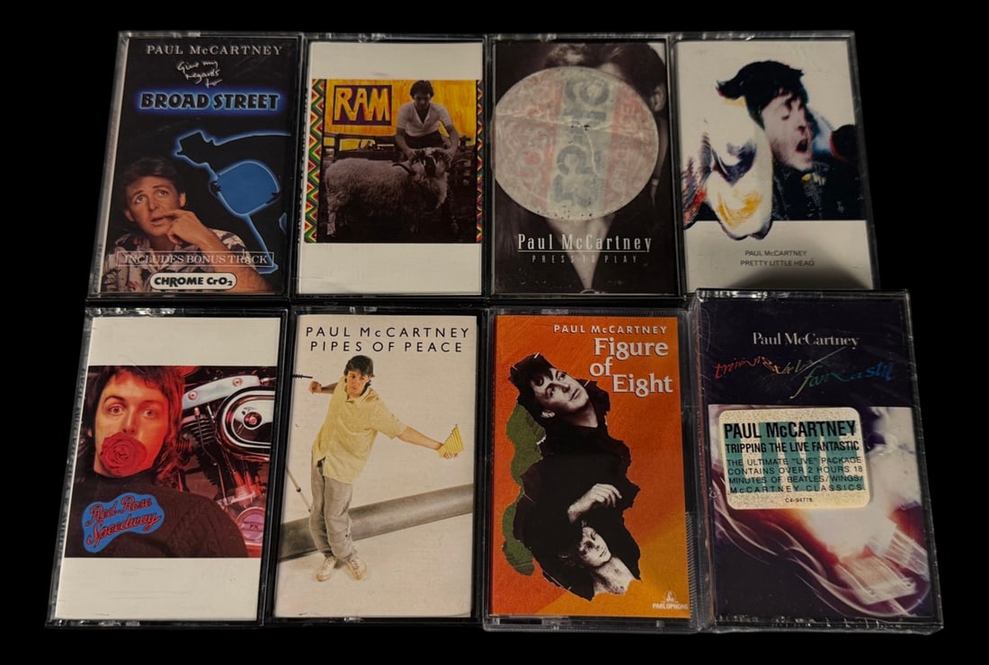 Paul McCartney Cassette Collection (8): Collection of Paul McCartney solo cassette releases including studio albums, singles, and live material.