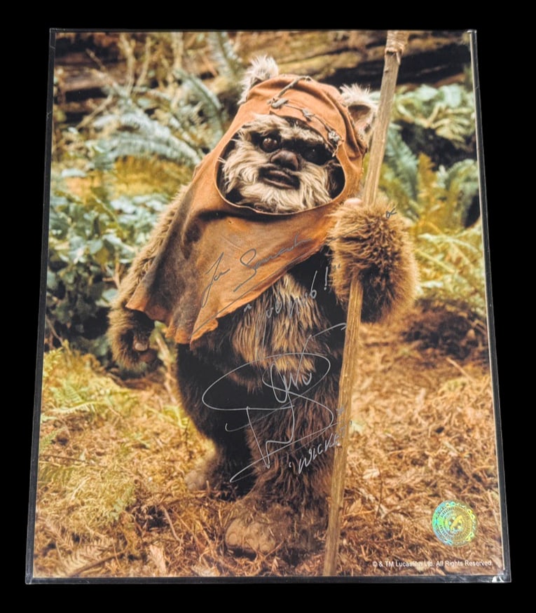 Signed Wicket Photograph with COA: Signed photograph of the Ewok "Wicket" from Star Wars signed by Warwick Davis.