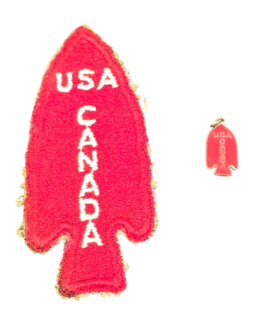 SCARCE WWII FSSF Devil's Brigade Italian: SCARCE WWII FSSF Devil's Brigade Italian Theater-Made Arrowhead Patch & Sweetheart Charm. First Special Service Force embroidered USA/CANADA arrowhead shoulder sleeve insignia, Italian theater-made va