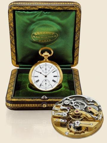"Breguet Chronograph" Breguet, No 3780, movement: "Breguet Chronograph" Breguet, No 3780, movement by Louis Audemars, No. 12331, in 1874. Very fine and rare, 18K gold, keyless pocket watch with chronograph and register.