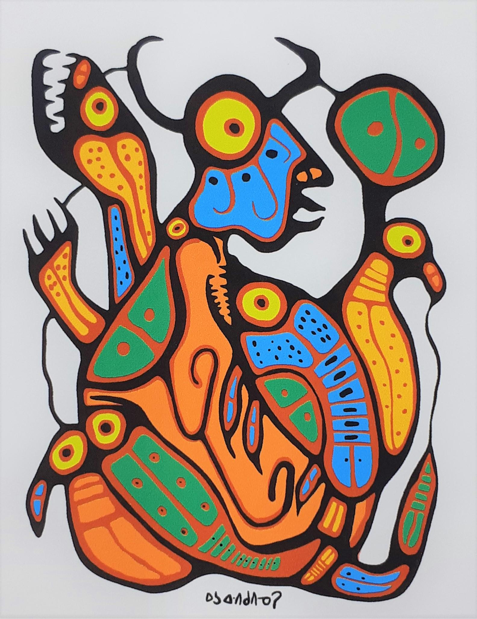 Norval Morrisseau - Man into turtle: Author: Norval Morrisseau. Sheet size: 18 cm x 13 cm Image size: 11 cm x 8 cm With a gold signature. Signature and title on the engraving. Collector's item. Using a time honoured this unique masterpie