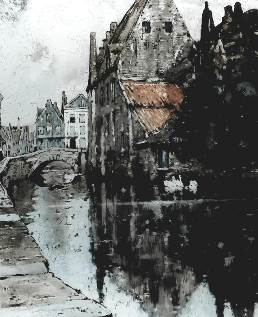 Henri Cassiers - Scene Netherlands with Swans: Author: Henri Cassiers Size with frame: 93 x 78 cm. Image size: 51 x 60 cm. Numbered: 145. Beautiful framed work. Signed in pencil by the artist. Scene of the Netherlands Canal with swans, published b