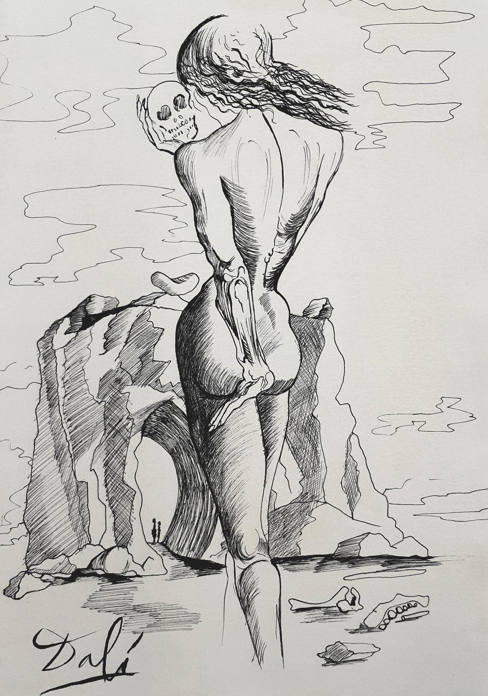 Salvador Dali - Woman and skull - Original COA: Artist: attributed to salvador Dali­ Size: 28 cm x 20 cm Original drawing on paper signed by hand by the author. Certificate of forensic handwriting examiner