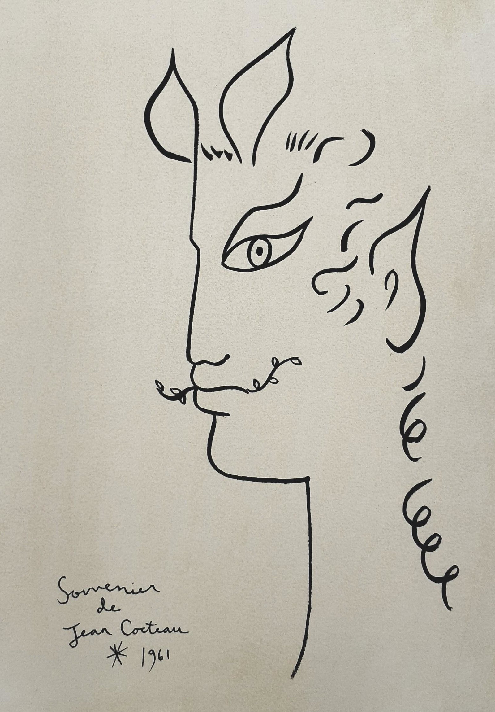 Jean Cocteau - Untitled - Faun - Original: Author: attributed to Jean Cocteau Size: 28 cm x 20 cm approx. Ink drawing on paper, hand signed by the artist