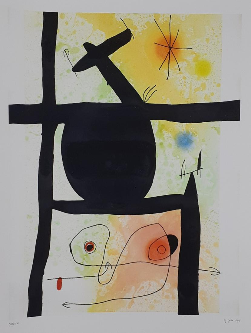 Joan Miro - Lithography and signed document: Composed of an unsigned lithograph and a document with the original handwritten signature of the artist. Measurements: 43 x 56 cm. With pencil notes on the lithography. World renowned artist. Joan Mir