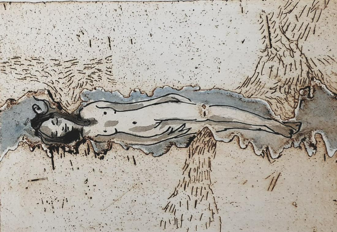 Pauline Wood - Flow Dorma - Signed Lithography: Author: Pauline Wood This item was purchased directly from the artist. Sheet size: 25,5 cm x 18 cm Sleeping naked in a river, dragged by the earth. Dorma flow. Handmade, original, open edition variabl