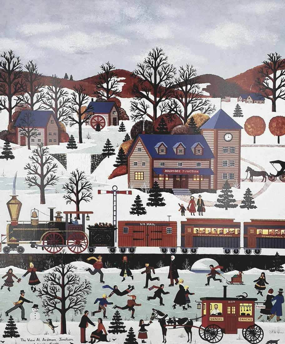 Jane Wooster Scott - The view at Ardmore Junction: Jane Wooster Scott With COA certificate of authenticity Limited edition lithograph 50/1375, hand signed by the artist. Print size: 50 cm x 56 cm Image size: 41 cm x 51 cm Jane Wooster Scott is an Amer